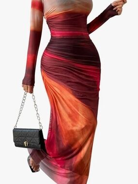 Ruched Long-Sleeve Maxi Dress in Sunset Red and Orange